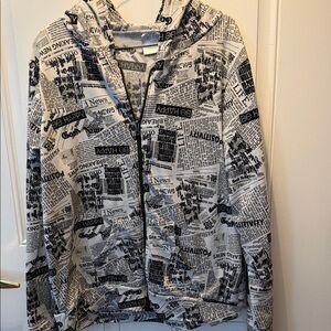 Lightweight Newspaper Print Zip Hoodie Jacket - Gray/Black
